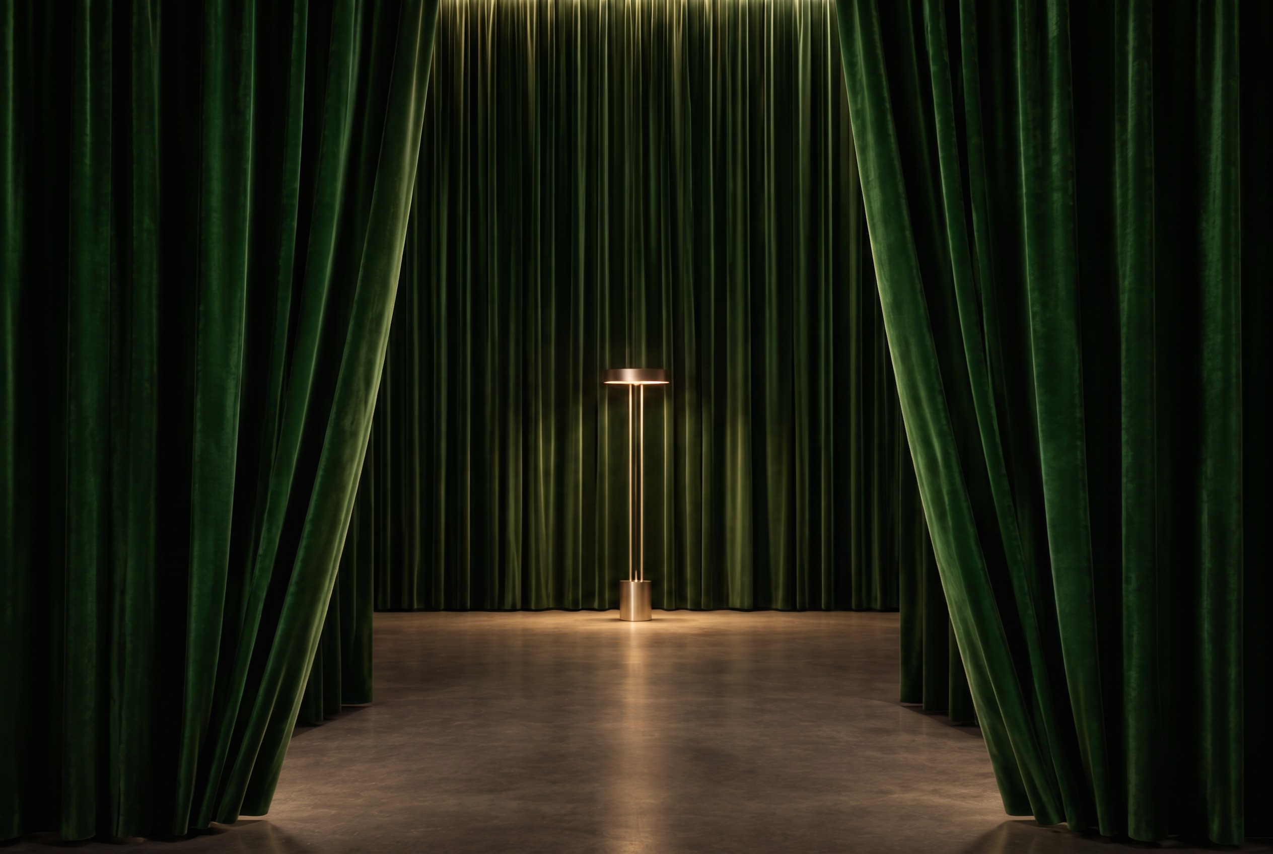 An emerald velvet room with a softly illuminated golden lamp